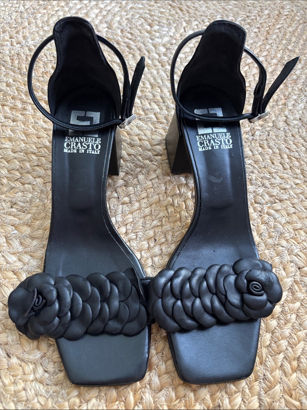 Emanuele Castro Black Braided Leather Ankle-Strap Sandals